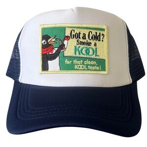 White and Navy Retro Trucker Hat with Kool Patch